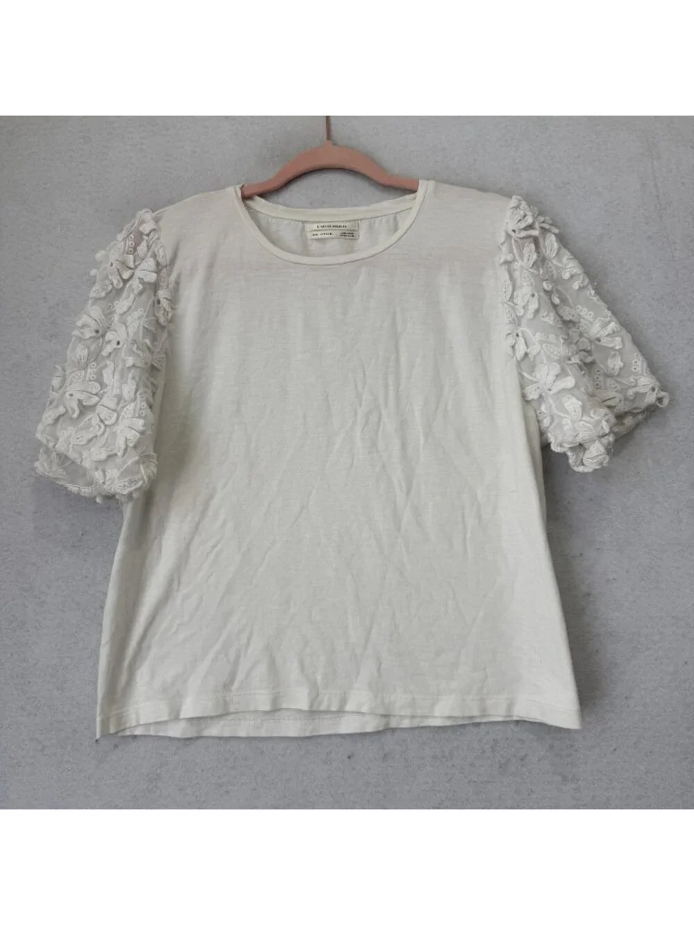 Anthropologie Shirt Womens 12 White Embroidered Sheer Puff Sleeve Jersey Top